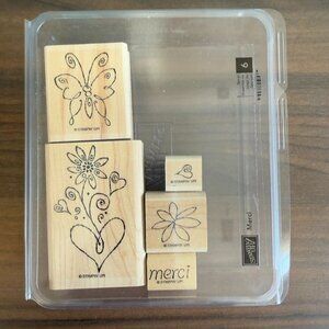 Stampin Up! Merci Butterfly & Flower Rubber Stamp Set Of 5 With Wooden Blocks Cr